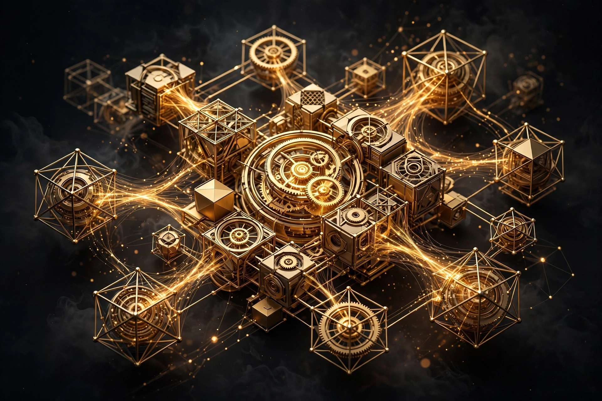 Interlocking golden modules forming one engineered system — Web Ventures whole-business systems